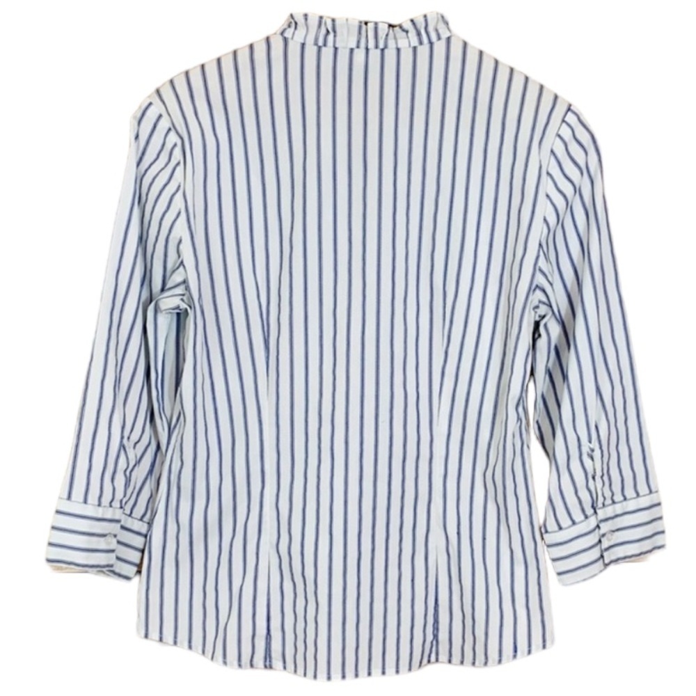 Spense White Blue Pinstripe Ruffle Button Front Blouse Elbow Sleeve - Picture 4 of 5